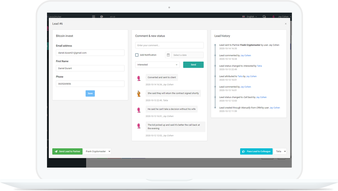 צילום מסך של ממשק LeadAster CRM